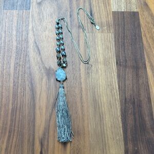 Loft Gold Tone Gray Smoky Druzy Style Long Beaded Tassel Pendant Necklace